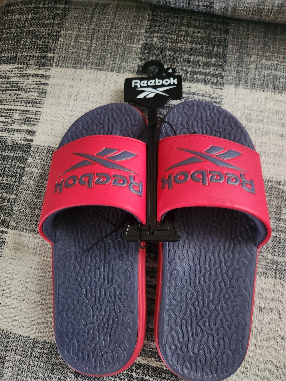 Reebok Red and Blue Slide Sandals with Logo Strap